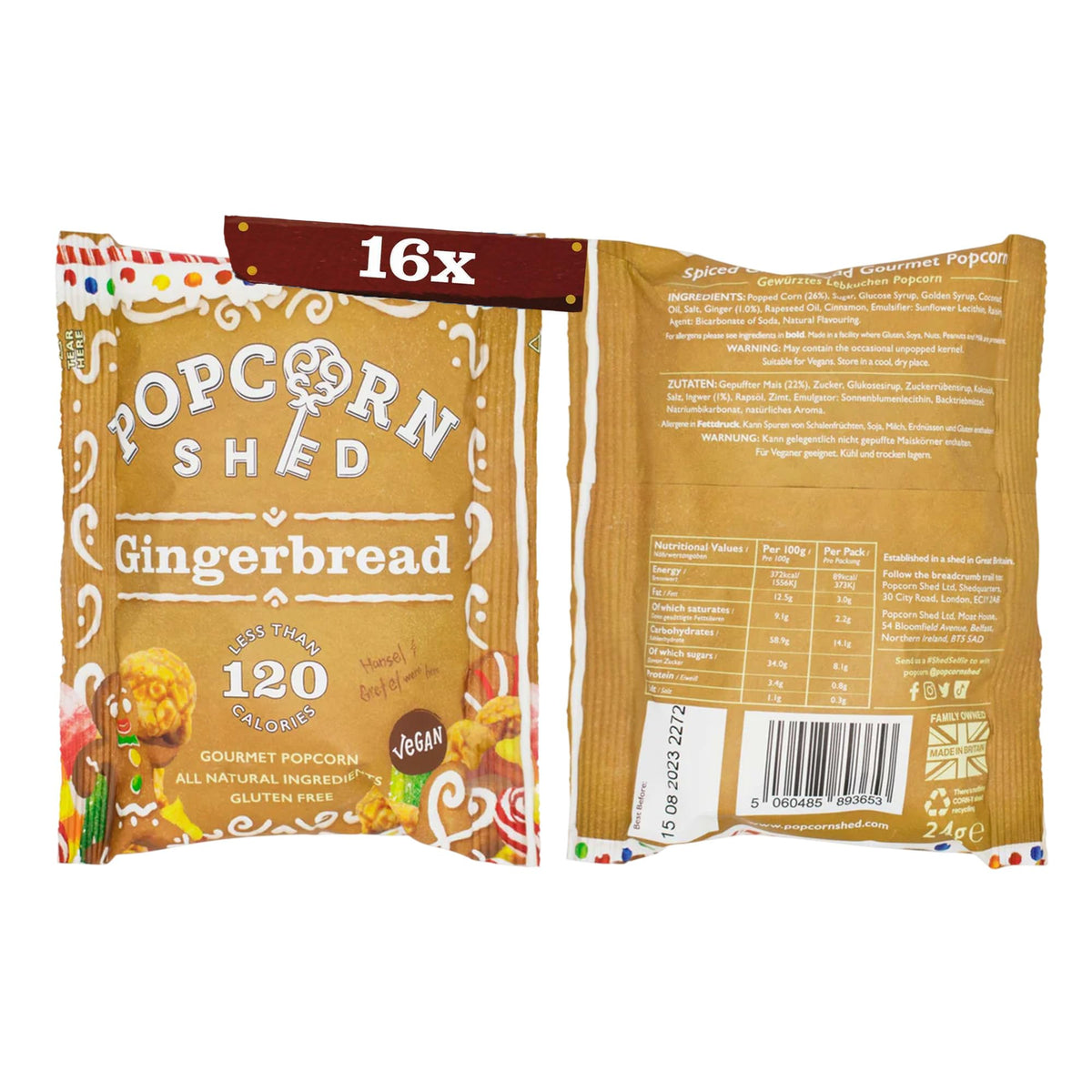 Popcorn Shed Gingerbread Gourmet Popcorn - Vegan Gingerbread Caramel | 16 x 24g Packs 8