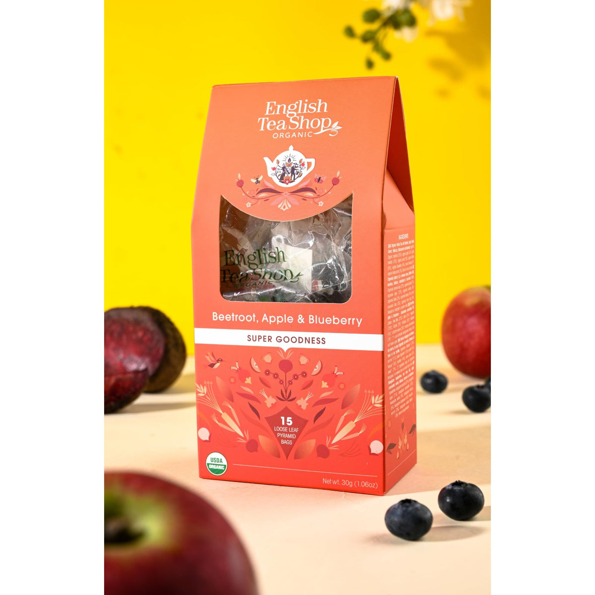English Tea Shop Organic Beetroot, Apple & Blueberry Herbal Tea - 15 Pyramids, 30g