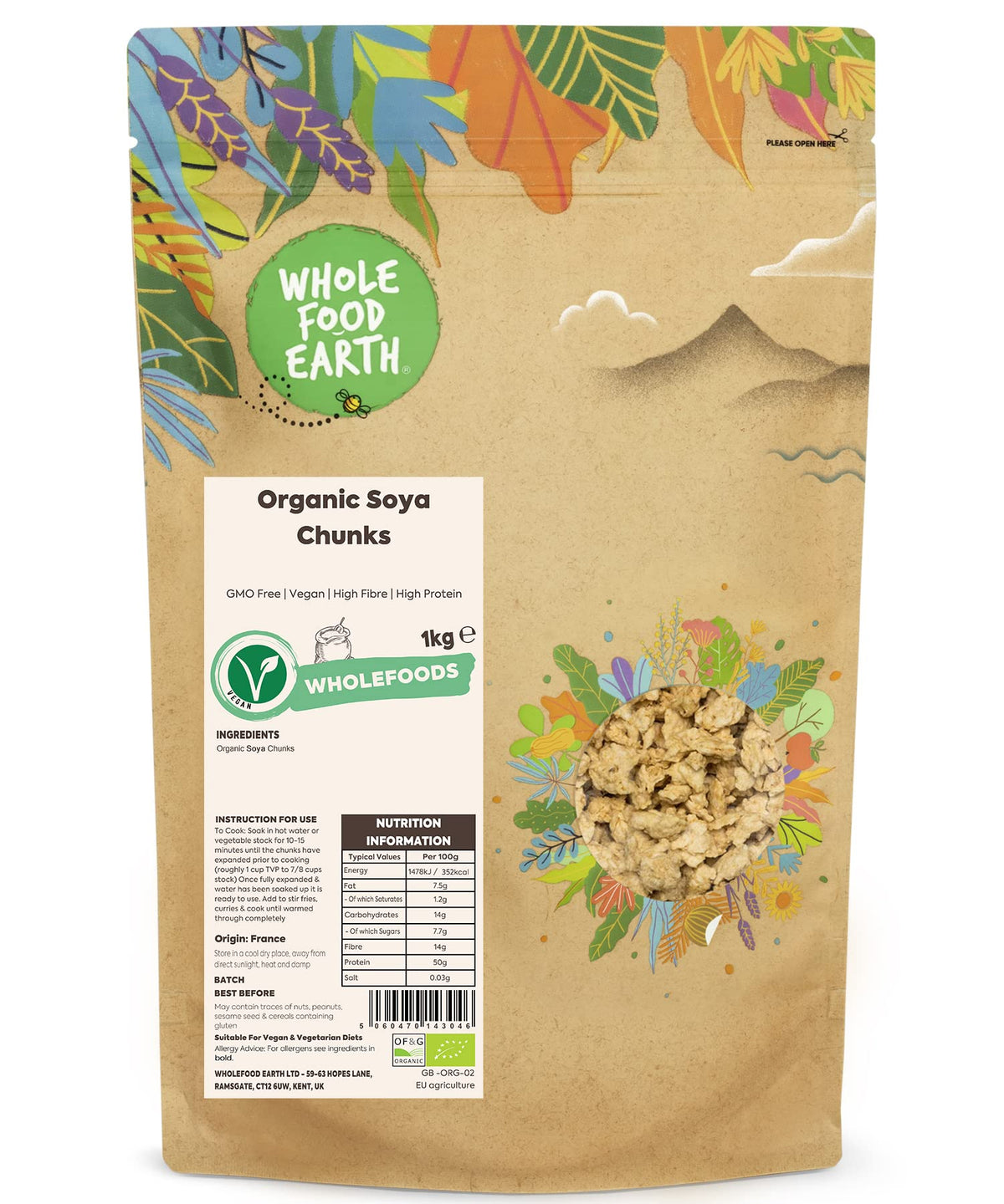 Wholefood Earth Organic Soya Chunks - High Protein | 1kg | GMO Free 1