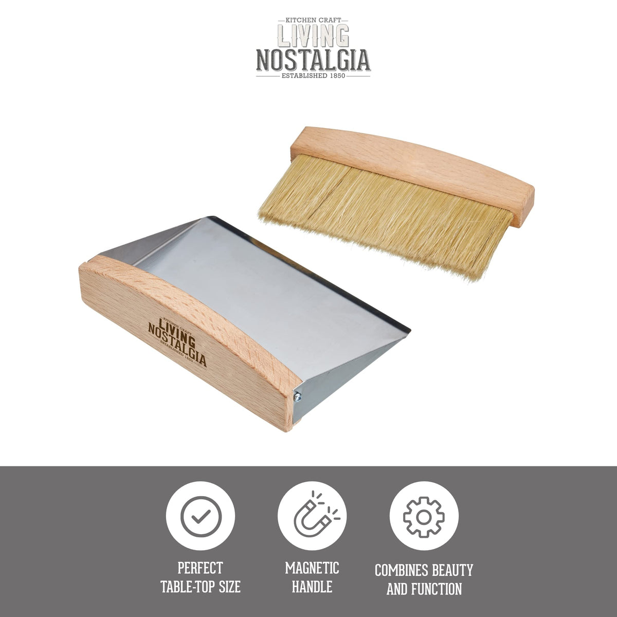 KitchenCraft Living Nostalgia Table-Top Dustpan and Brush Set - Compact Storage | Stainless Steel & Wood | 2 Pieces 3