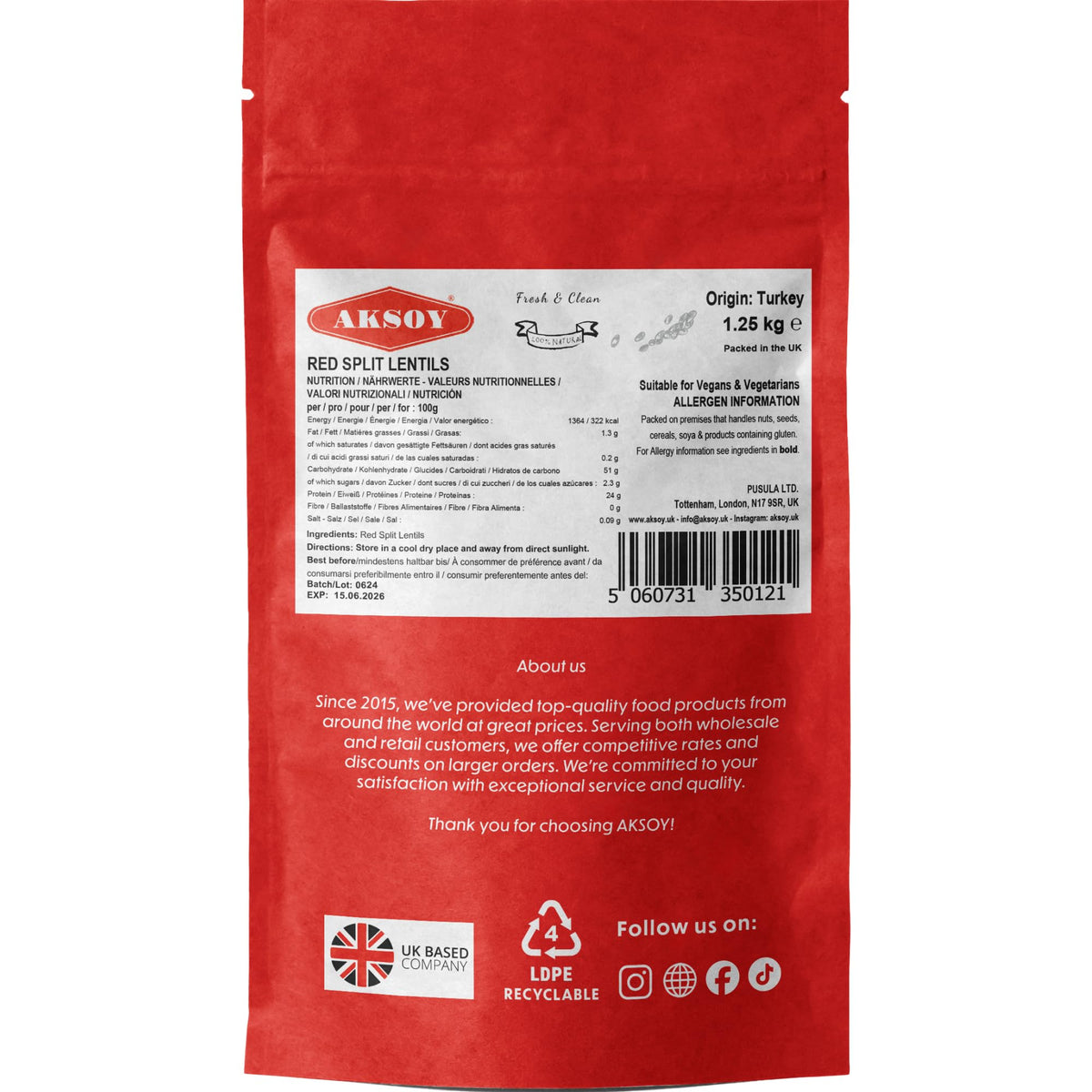 AKSOY Red Split Lentils - 1.25kg Bag | Suitable for Vegans & Vegetarians | Turkish Origin 5