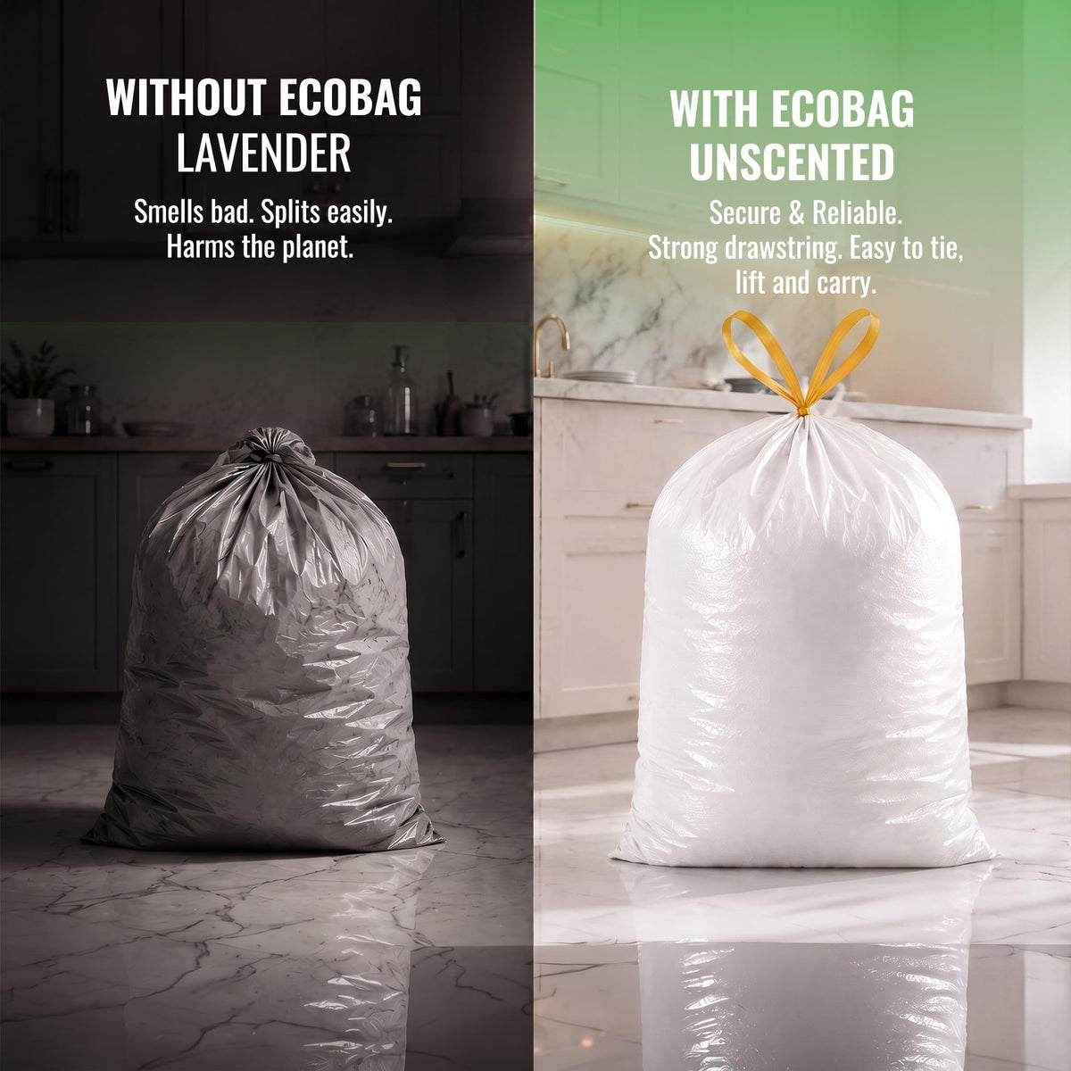 EcoBag 60L Drawstring Bin Liners - 10 Pack, 28 Microns, Extra Strong & Durable 5