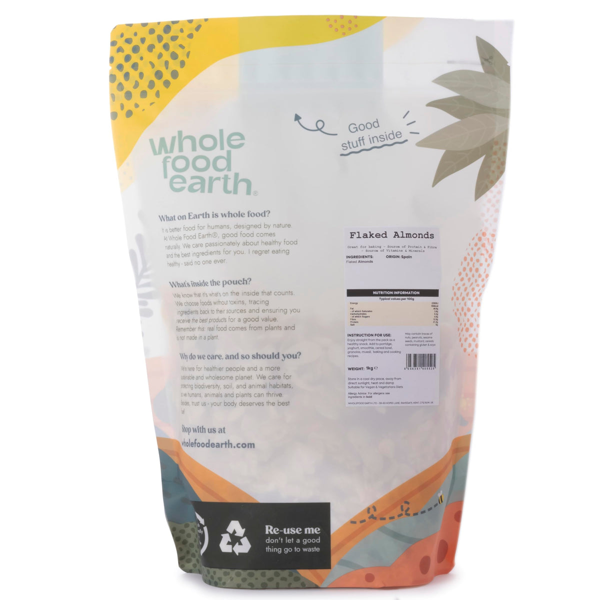 Wholefood Earth Flaked Almonds - 1kg Bag | GMO Free, High Fibre, Source of Protein