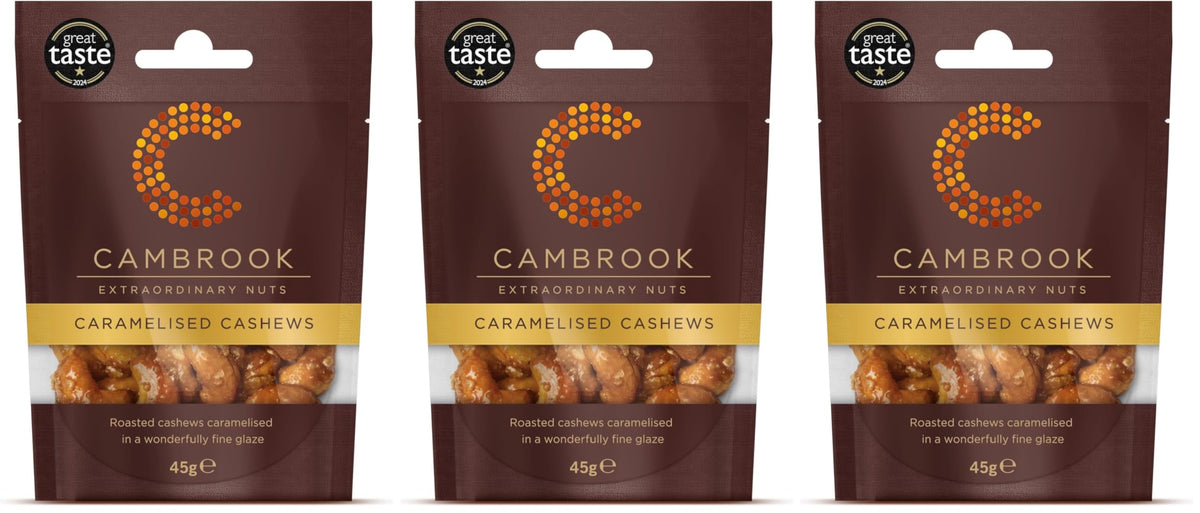 C Cambrook Extraordinary Nuts Caramelised Cashews - Gluten Free, Suitable for Vegetarians | 45g Bag (Pack of 3)