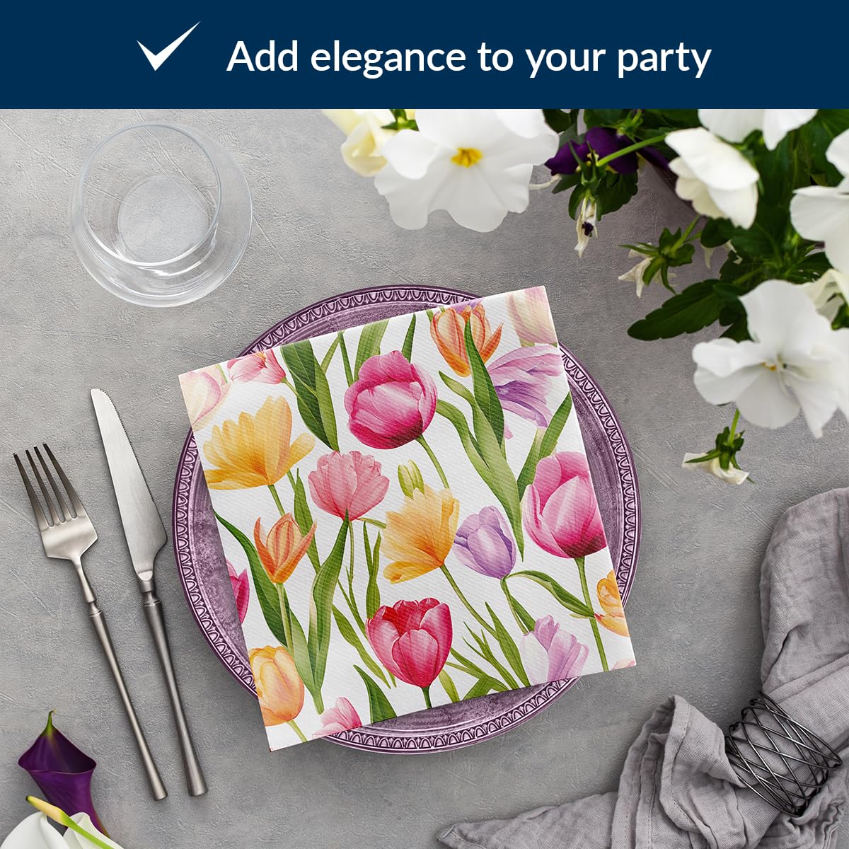 PAW Decor Collection Linen Feel Napkins - Tulip Dream Pattern | 40 x 40 cm | 50 Pack 4