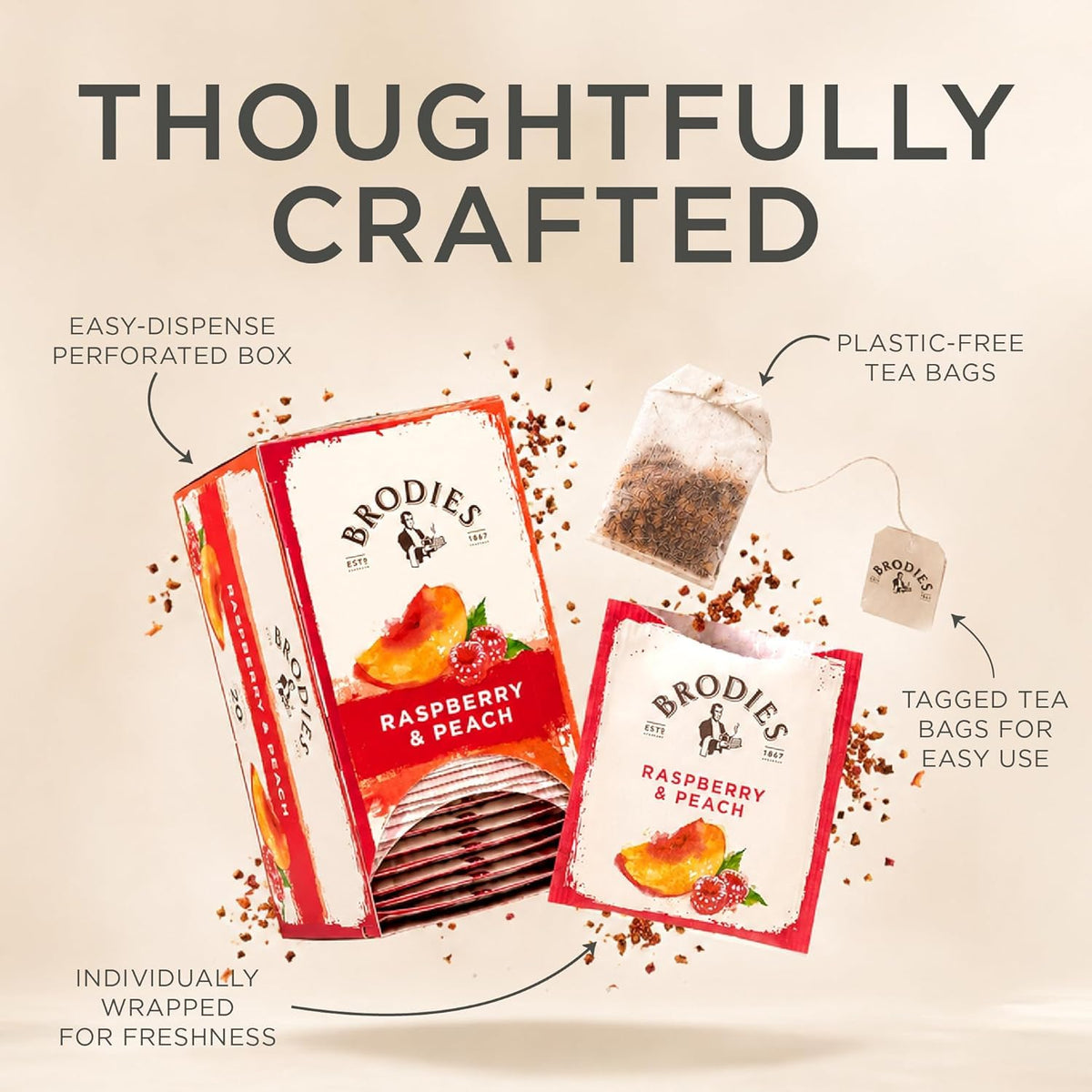 Brodies Raspberry & Peach Flavored Black Tea - Caffeine-Free, 120 Tea Bags (6 Boxes of 20) 3