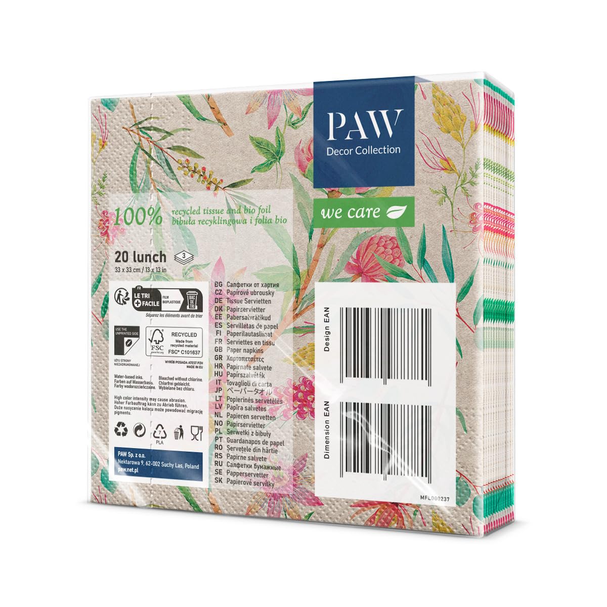 PAW Decor Collection Disposable Napkins - 3-Ply Kraft Paper | 20 Pieces | 33 x 33 cm