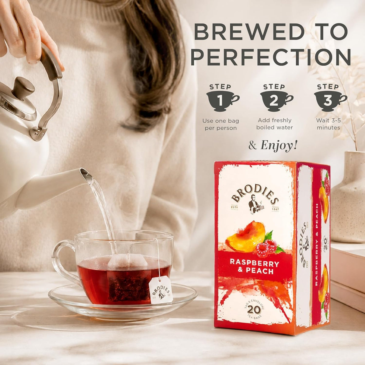 Brodies Raspberry & Peach Flavored Black Tea - Caffeine-Free, 120 Tea Bags (6 Boxes of 20) 4