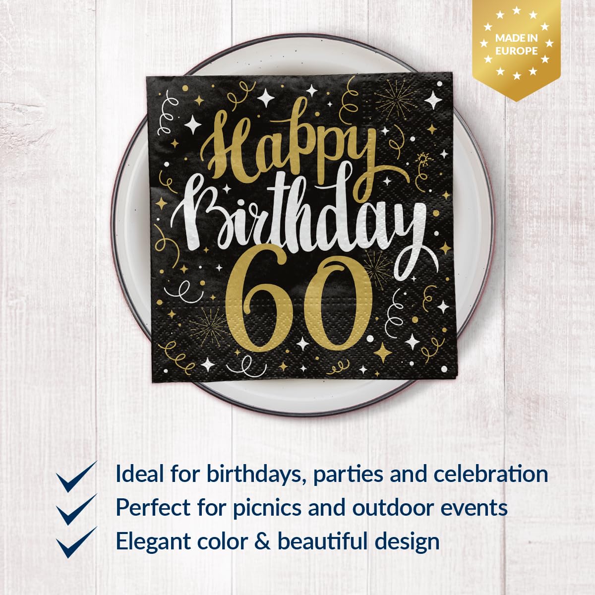 PAW Decor Collection Paper Napkins - Gold Birthday 60 Design | 33 x 33 cm | 20 Pack 2