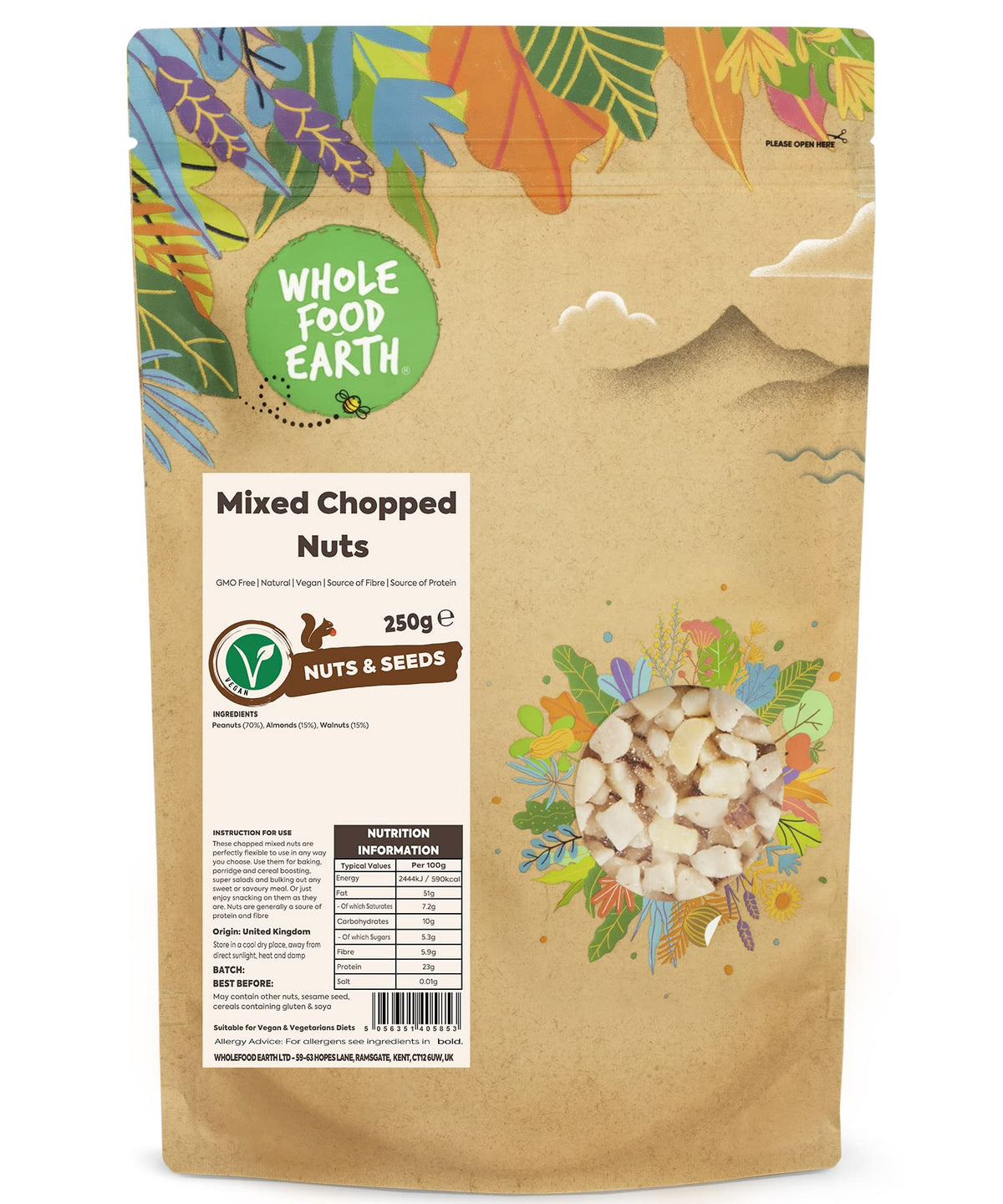 Wholefood Earth Mixed Chopped Nuts - 250g Bag | High Fibre | Vegan Friendly 1