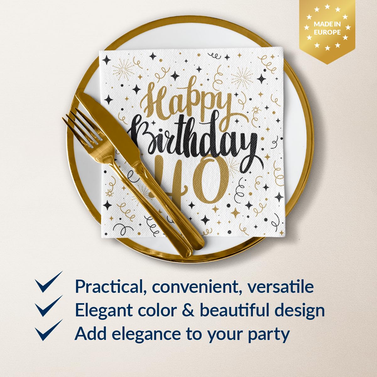 PAW Decor Collection Linen Feel Napkins - Gold Birthday 40 | 40 x 40 cm | Pack of 50 2