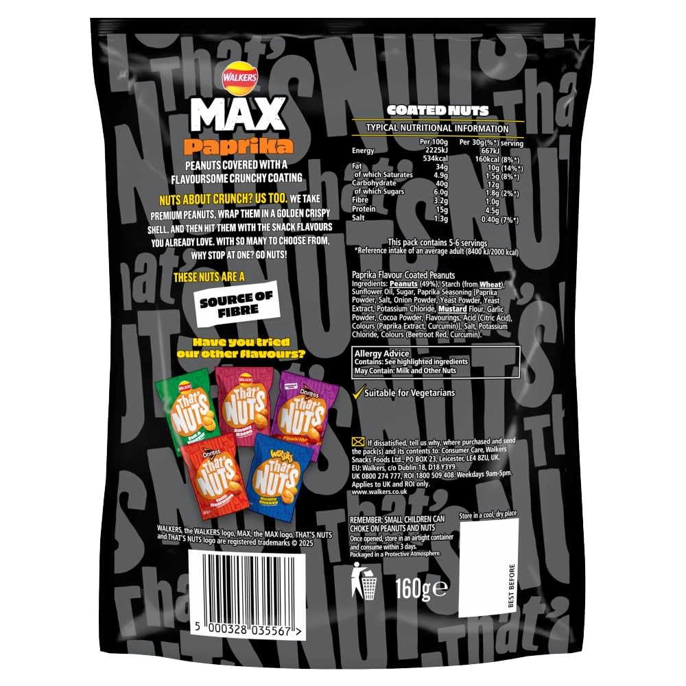 That's Nuts Walkers MAX Paprika Sharing Coated Peanuts - Case of 8 x 160g