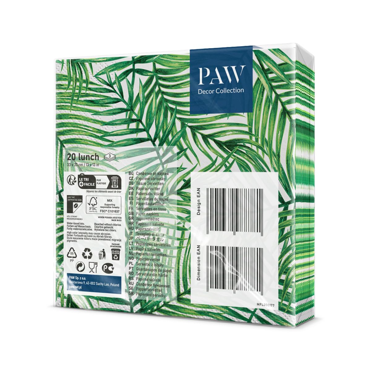 PAW Decor Collection Tropical Leaves Napkins - 3-Ply, 33 x 33 cm, 20 Pieces 2