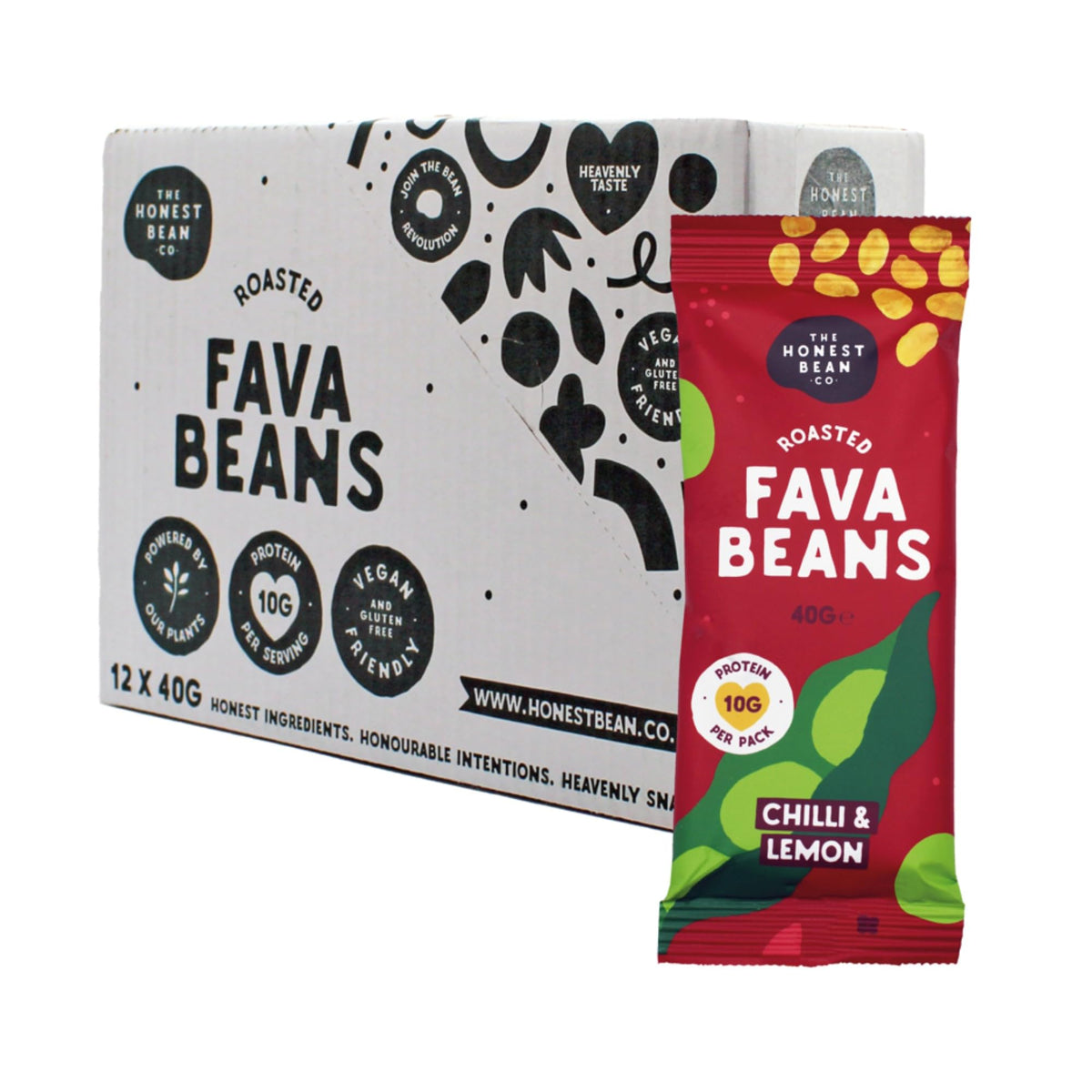 The Honest Bean Co Roasted Fava Bean Snack, Chilli & Lemon - 40g (Pack of 12)