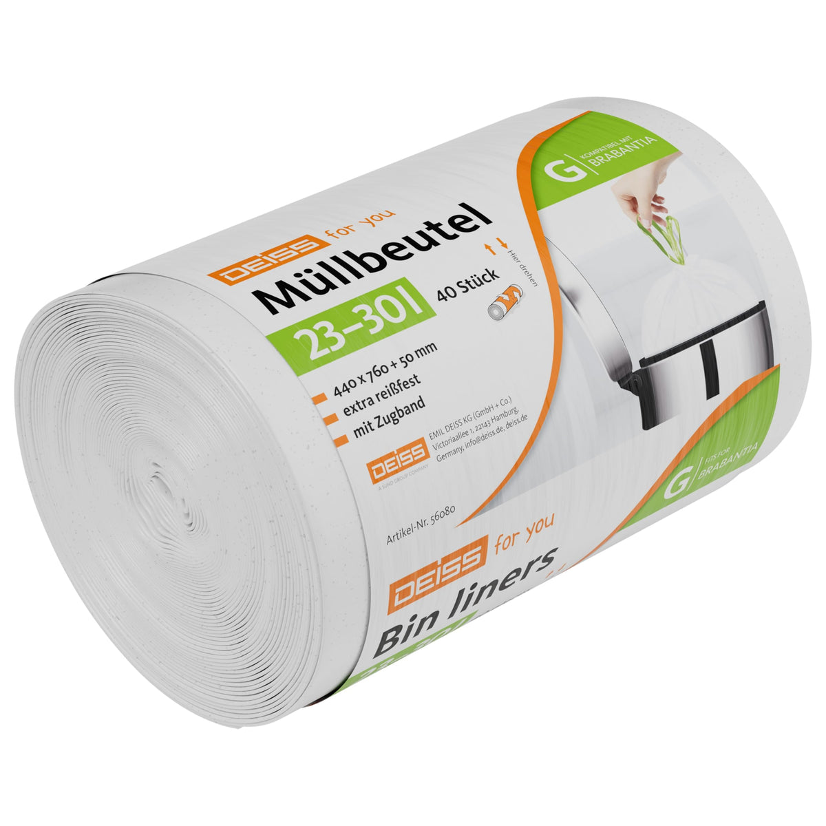DEISS Bin Liners - 30 Litre Capacity | Pack of 40 | White