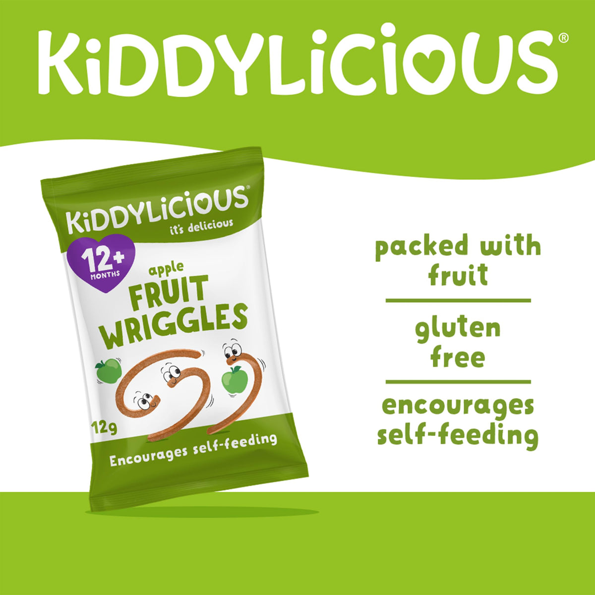 Kiddylicious Apple Wriggles Snacks - Real Fruit, Vegetarian, Coeliac & Dairy Intolerant Friendly | 12 Months+ | 28 Count