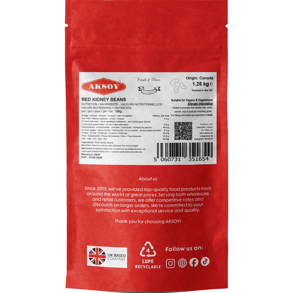 AKSOY Red Kidney Beans - 1.25kg Bag | Rich in Protein & Fiber | Low Fat, Whole Beans 6