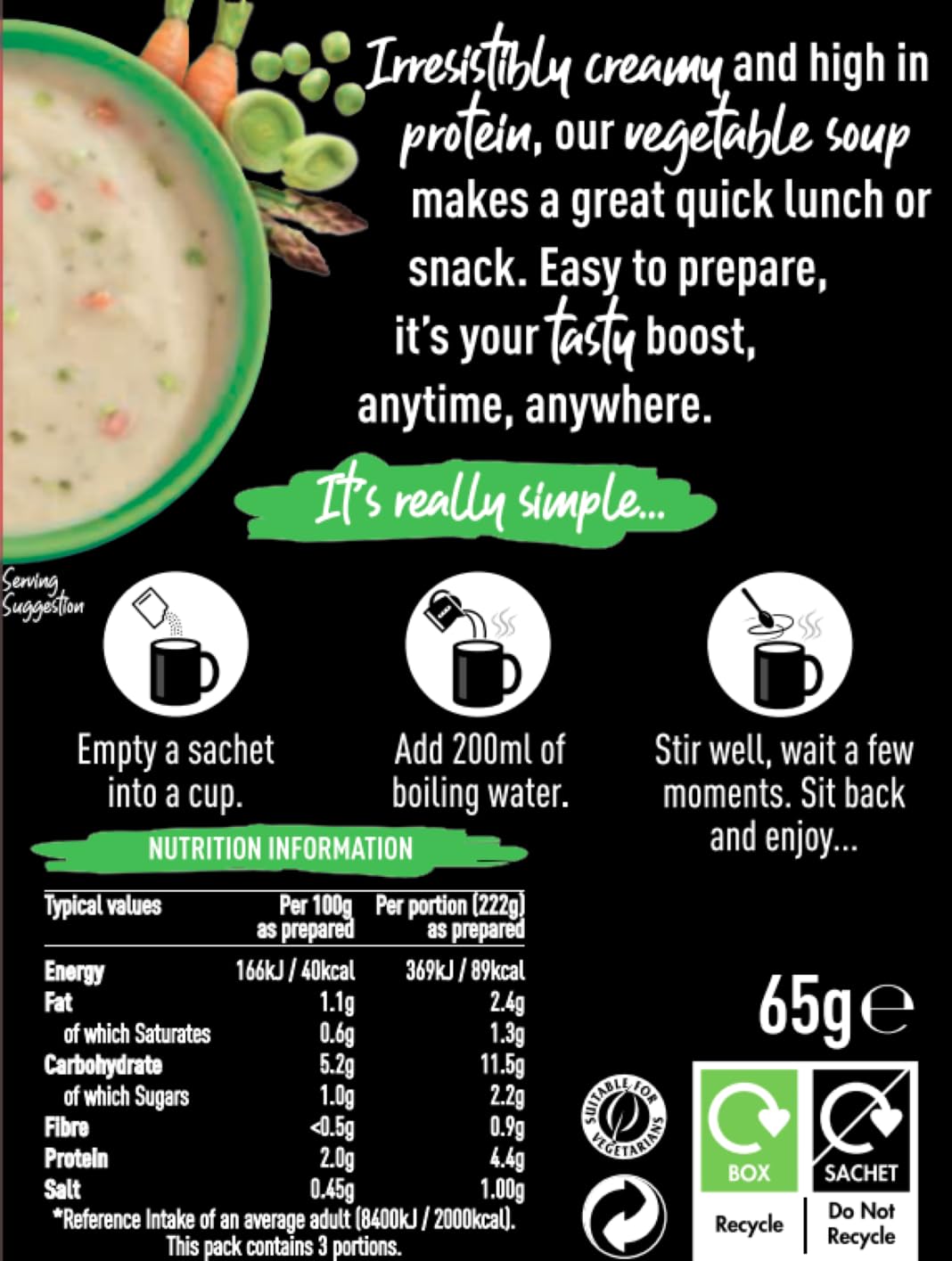 FUEL10K High Protein Vegetable Instant Soup Mix - 27 Sachets | 65g Sachets | Ready in Minutes