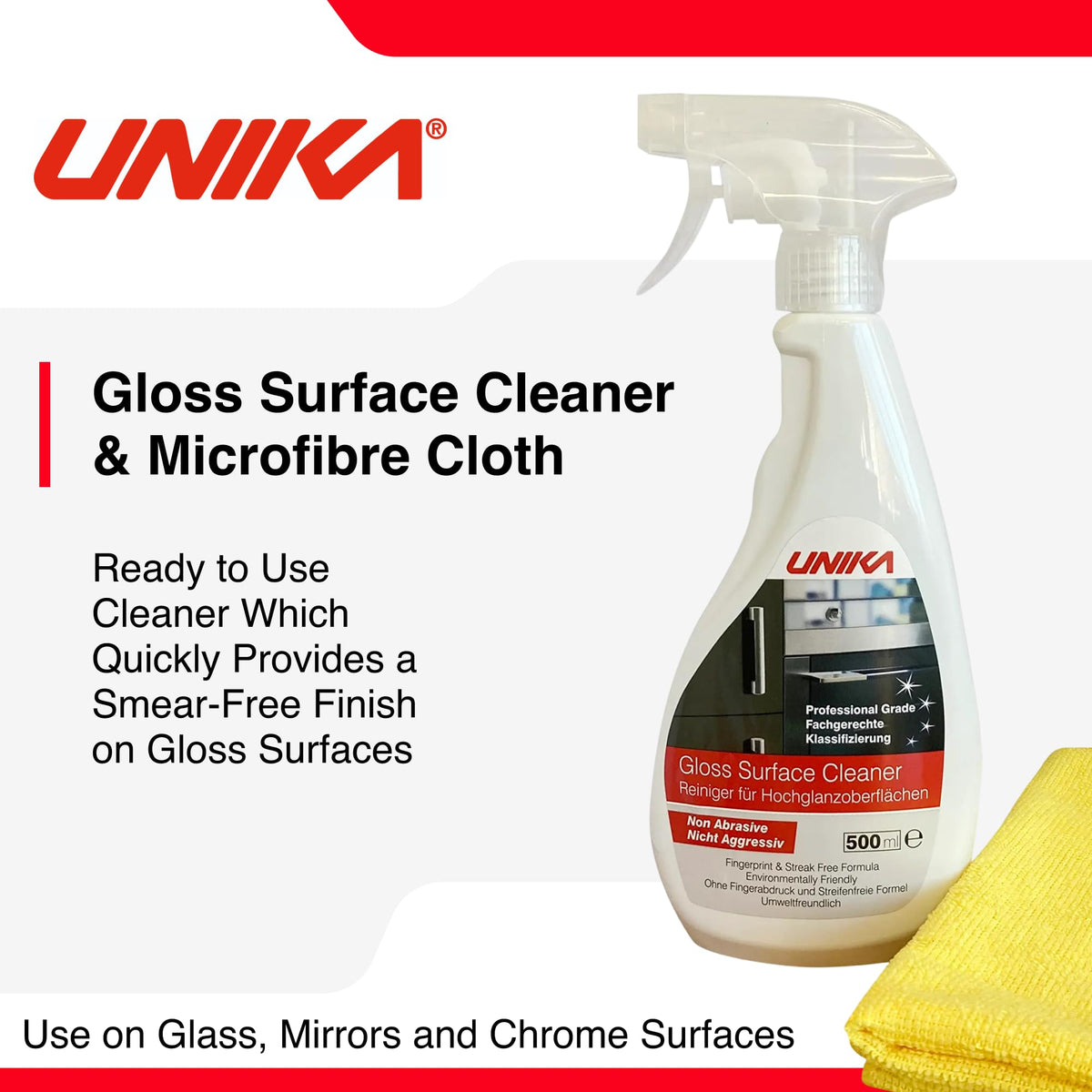 Unika Gloss Surface Cleaner - Streak-Free Shine for Gloss, Glass & Chrome | 500ml Lemon Scent 2