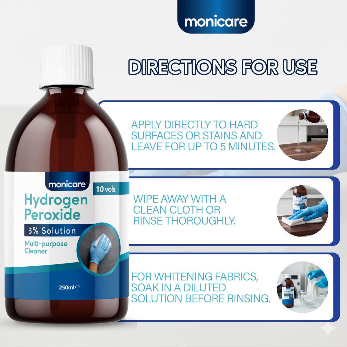 Monicare Hydrogen Peroxide 3% - 250ml All-Purpose Cleaner | Disinfectant | Stain Remover 7