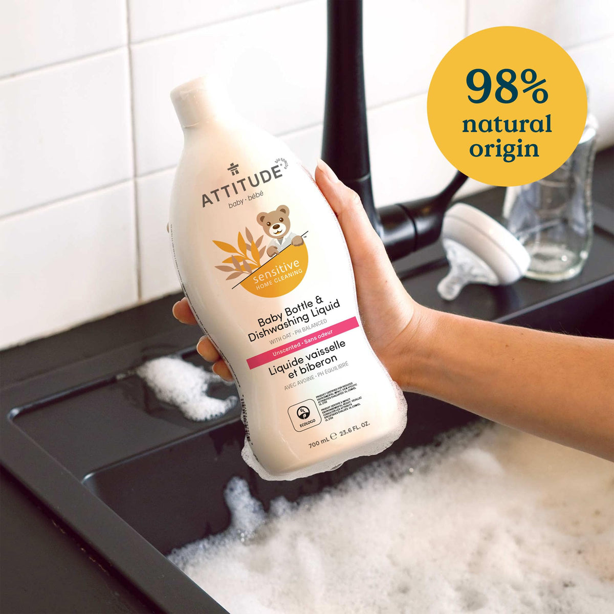 ATTITUDE Baby Bottle and Dishwashing Liquid - Gentle Formula, Unscented, 700 ml