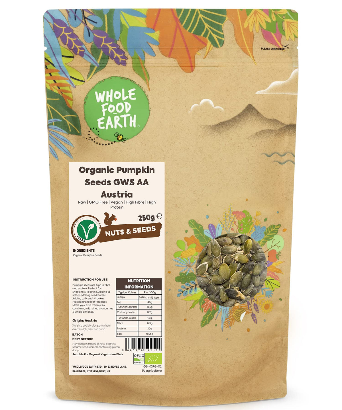 Wholefood Earth Organic Pumpkin Seeds - Raw, Hulled, 250g | GMO Free