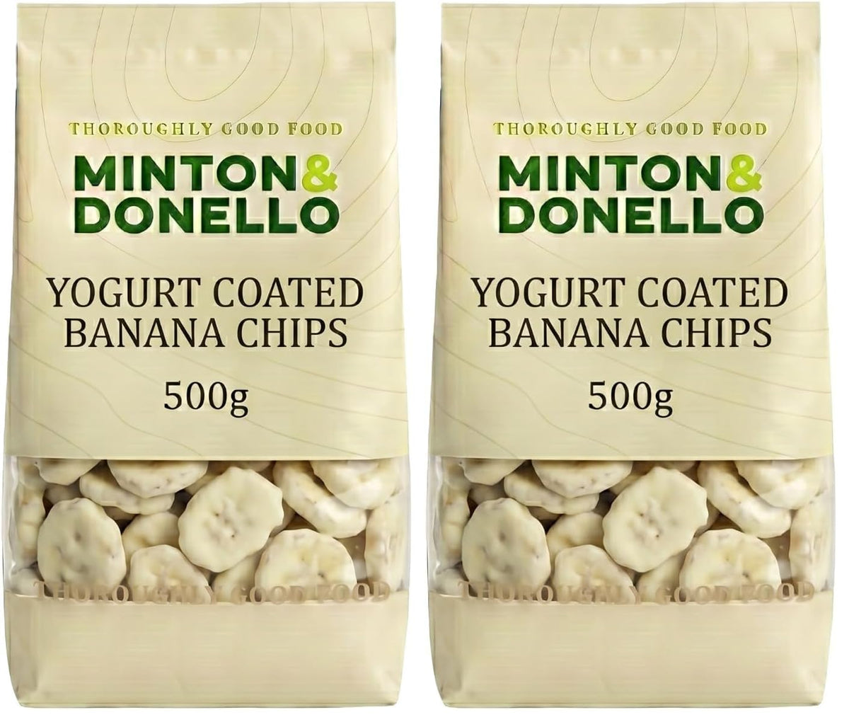 Minton & Donello Yoghurt Coated Banana Chips - High Fibre, Vegetarian Friendly, 500g Bag (Pack of 2)