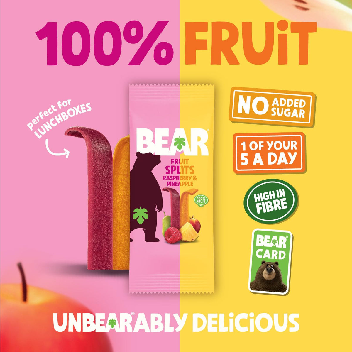 BEAR Fruit Splits Pineapple & Raspberry - 18 Pack | 100% Fruit | High Fibre 5