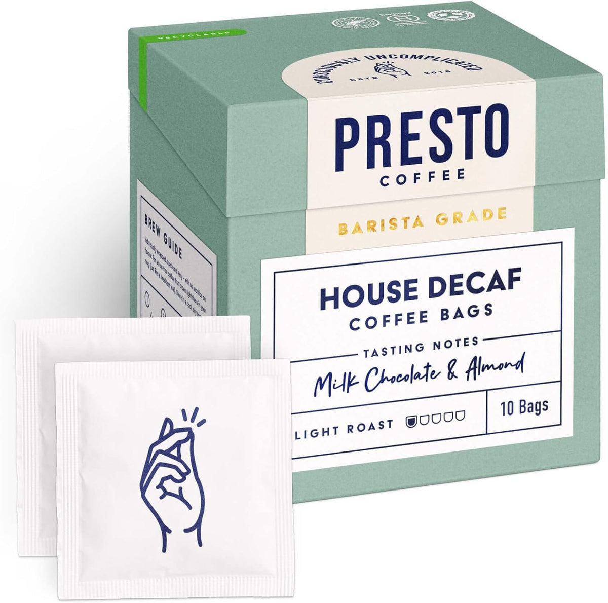 Presto Coffee House Decaf Coffee Bags - Light Roast, 80g (10 Count)