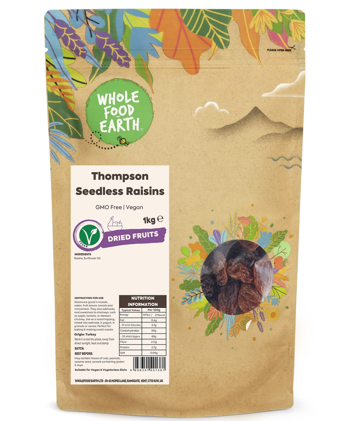 Wholefood Earth Thompson Seedless Raisins - 1kg Bag | GMO Free, Vegan Friendly