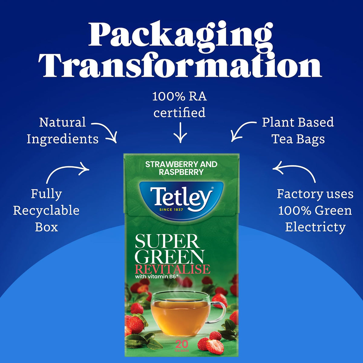 Tetley Super Green Tea Boost Strawberry & Raspberry Teabags - 20 Count, 50g 5