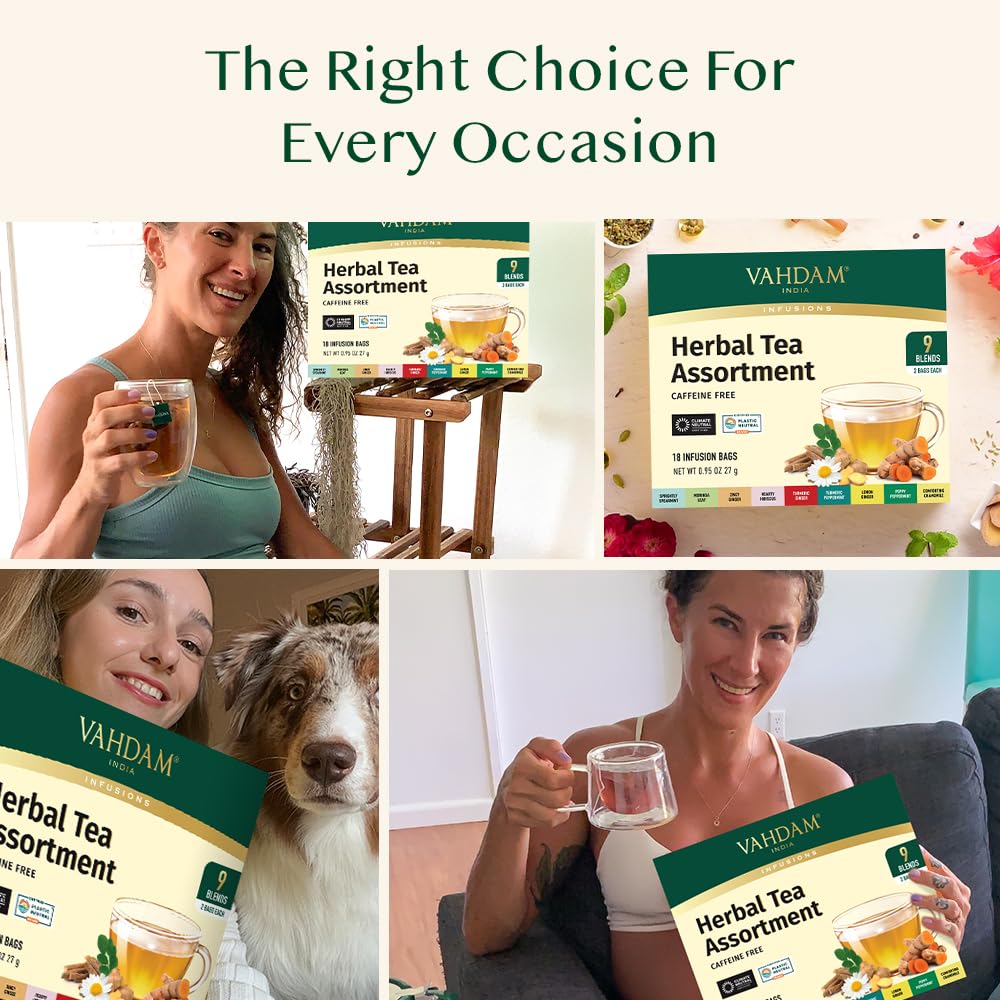 VAHDAM Assorted Herbal Tea Sampler - 18 Tea Bags, 9 Caffeine-Free Flavors 6