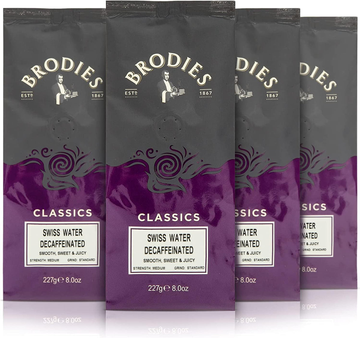 Brodies Swiss Water Decaffeinated Ground Coffee - 227g Pack of 4 | Arabica Beans | Medium Roast