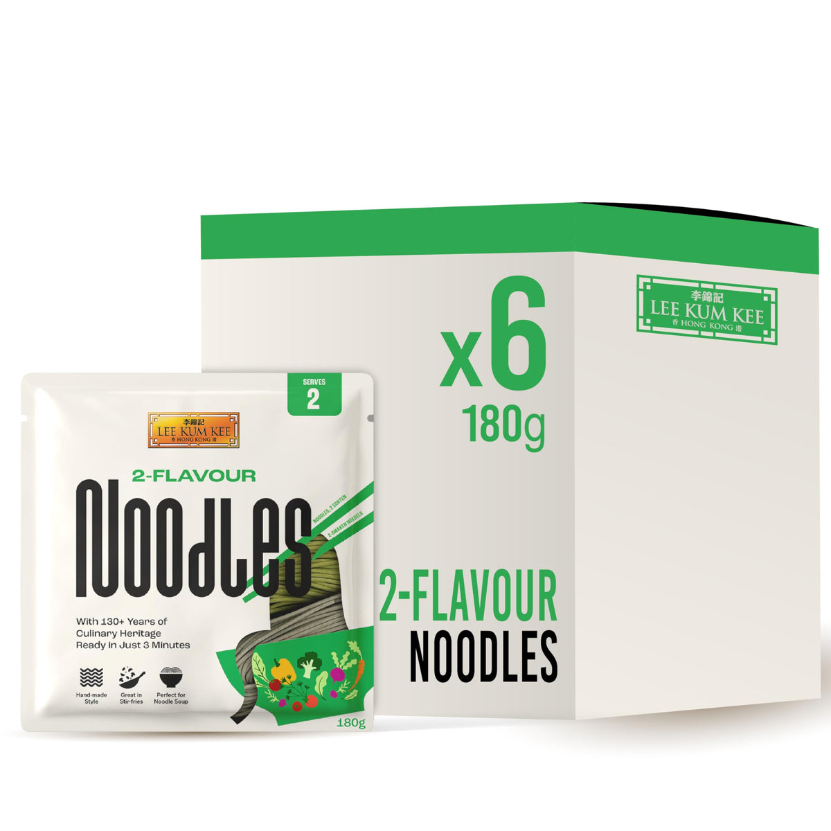 Lee Kum Kee 2-Flavour Noodles - Handmade-Style Texture, Ready in 3 Minutes | 180 g (Pack of 6)