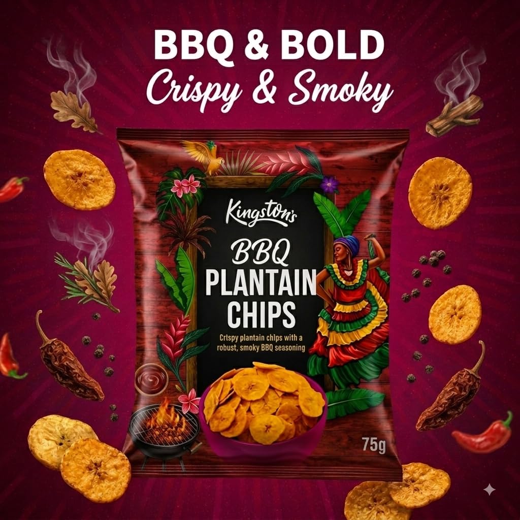 Kingston's BBQ Plantain Chips - Spicy Vegan Snack | 12 x 75g Multipack