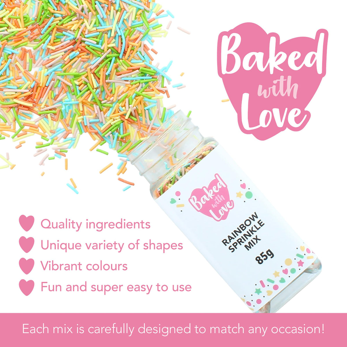 Baked with Love Rainbow Sprinkles - 85g Bottle | Edible Cake Decorations | Multi-Coloured Sugar Strands