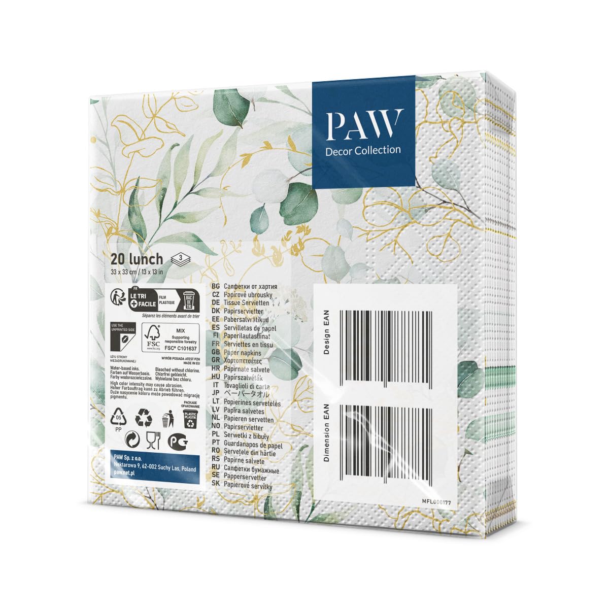 PAW Decor Collection Paper Napkins - Golden Eucaliptus Floral Pattern | 33 x 33 cm | 20 Pack