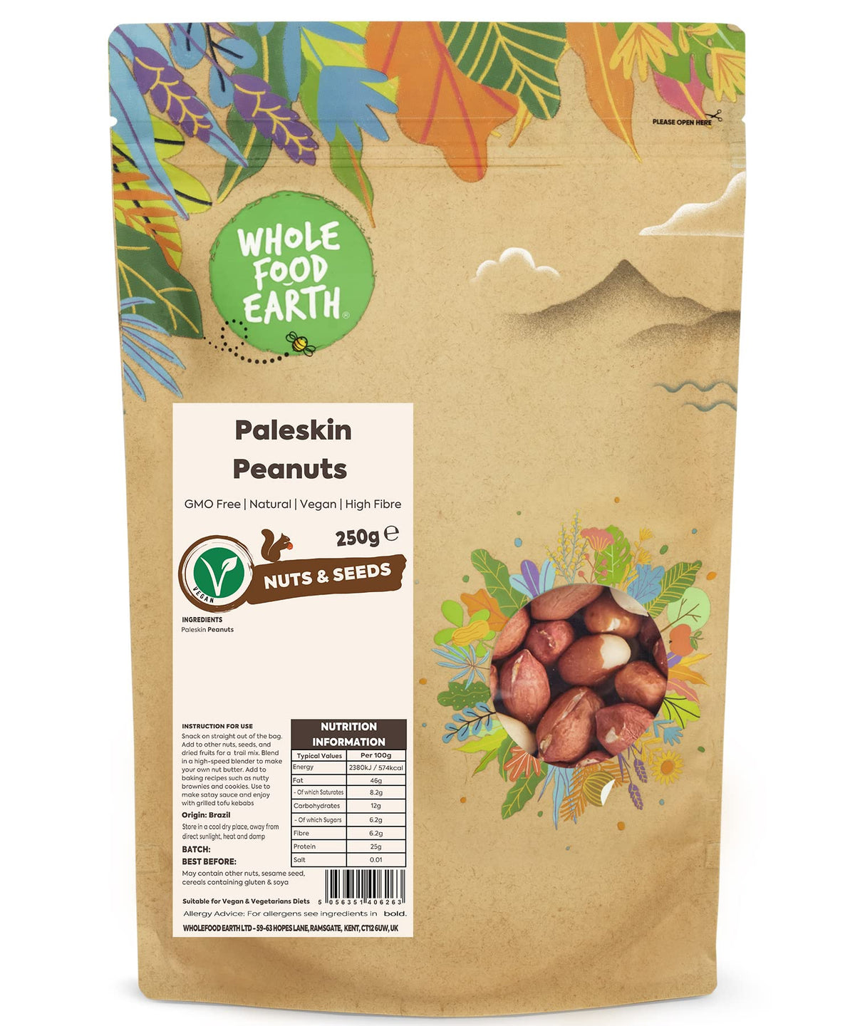 Wholefood Earth Paleskin Peanuts - 250g | High Fibre | GMO Free