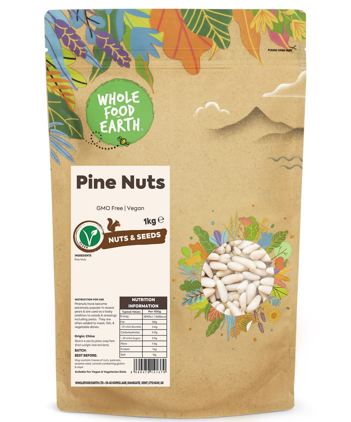 Wholefood Earth Pine Nuts - 1kg Bag | GMO-Free, Vegan Friendly