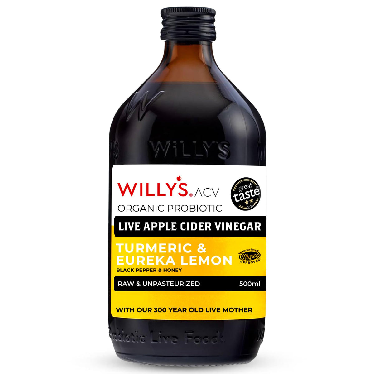Willy's Organic Apple Cider Vinegar with Turmeric & Honey - Raw, Unpasteurised, 500ml