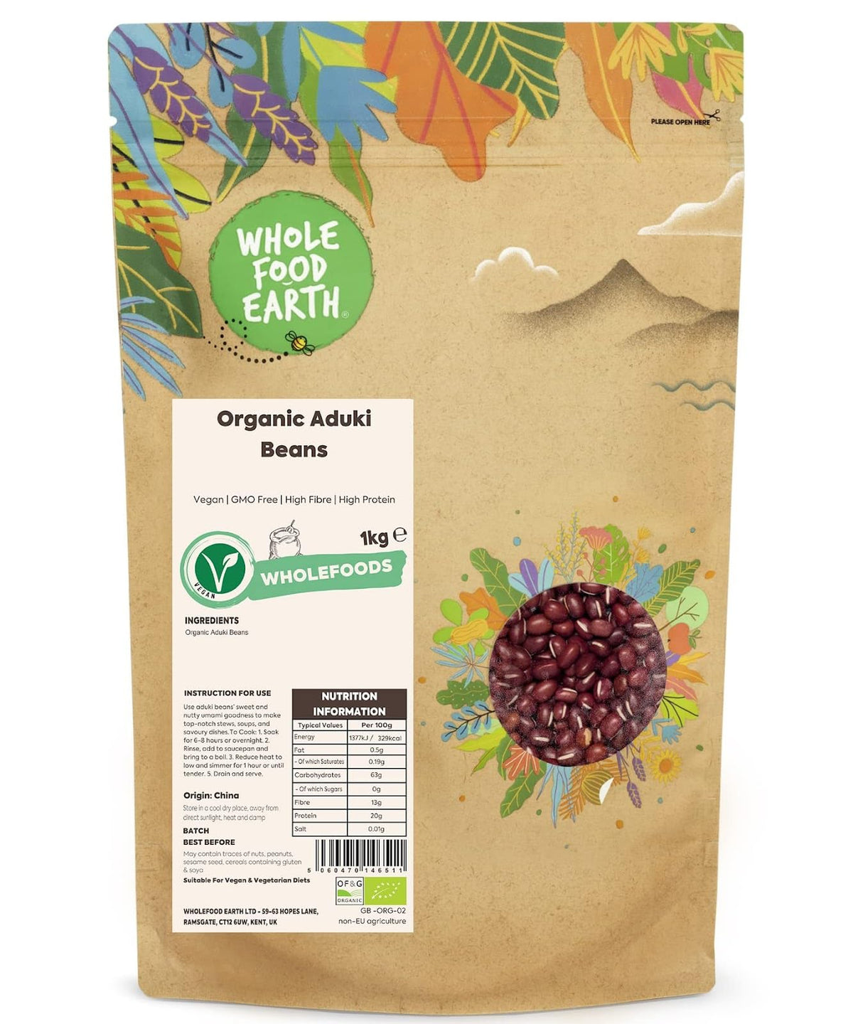 Wholefood Earth Organic Aduki Beans - High Fibre, High Protein, Vegan, 1kg