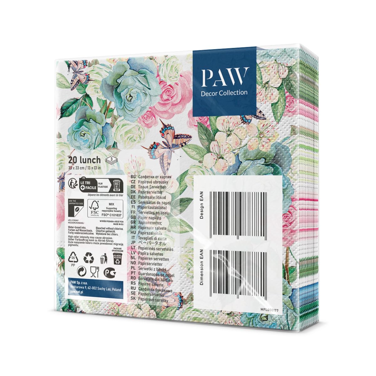 PAW Decor Collection Powder Garden Napkins - 3-Ply Silk Paper, 33 x 33 cm, 20 Pack