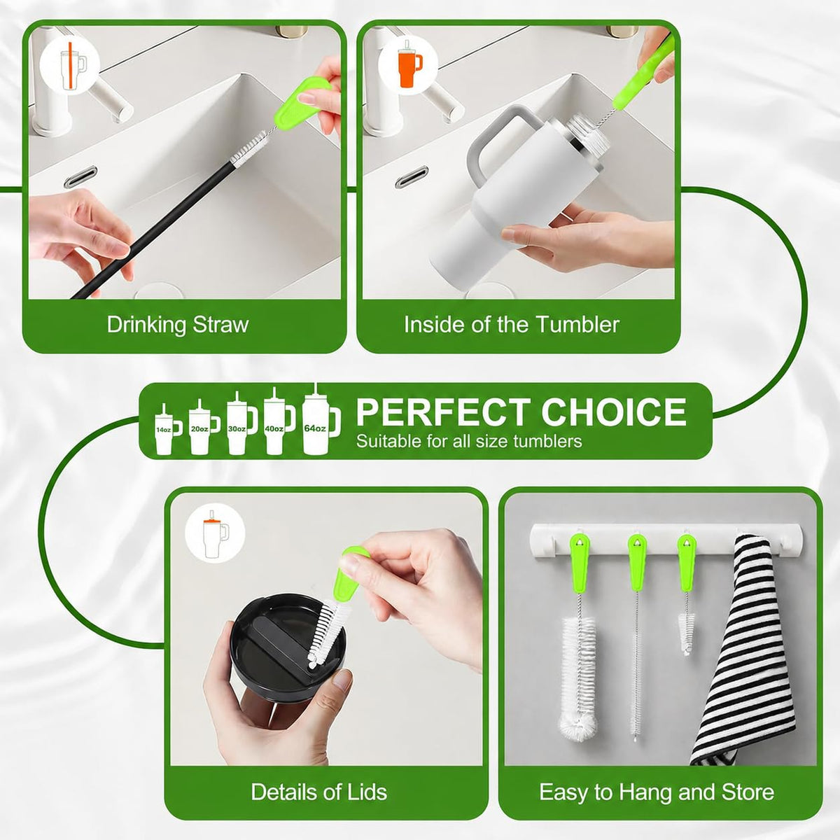 Admygo 3-in-1 Bottle Cleaning Brush Set - Long Handle, Straw Cleaner, Lid Brush | Green 7