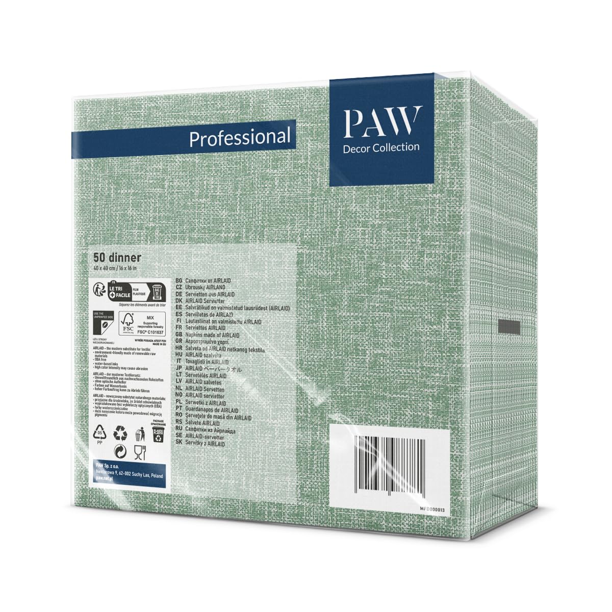 PAW Decor Collection Linen Feel Napkins - 50 Pack | 40 x 40 cm | Green 2