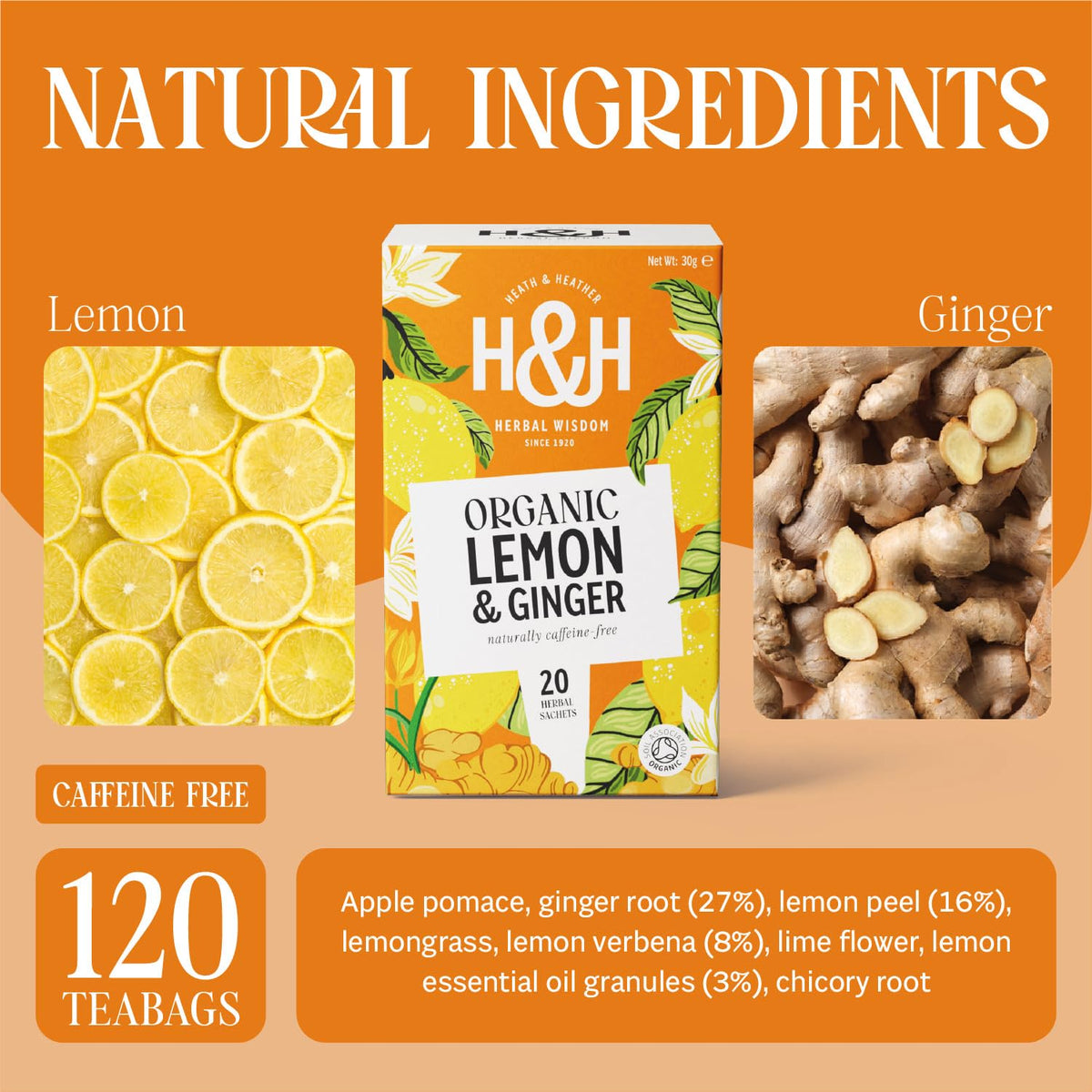 Heath & Heather Organic Lemon & Ginger Herbal Tea - Digestive & Immune Support | 120 Tea Bags | Caffeine-Free