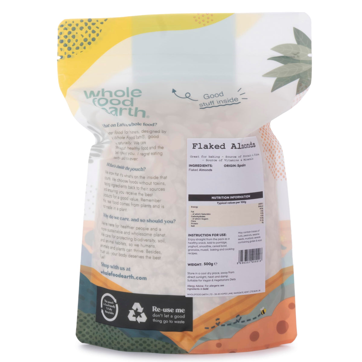 Wholefood Earth Flaked Almonds - High Fibre | GMO Free | 500g