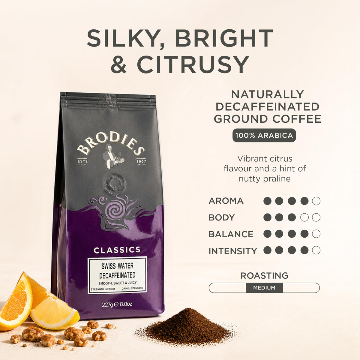 Brodies Swiss Water Decaffeinated Ground Coffee - 227g Pack of 4 | Arabica Beans | Medium Roast
