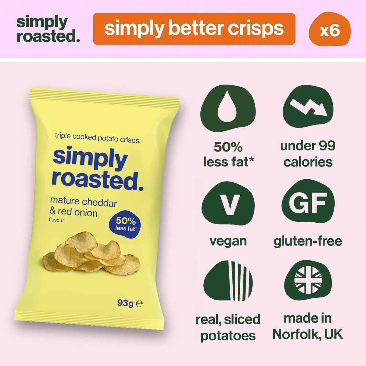 Simply Roasted Mature Cheddar Crisps - 50% Less Fat Multipack | 6 x 93g Sharer Bags