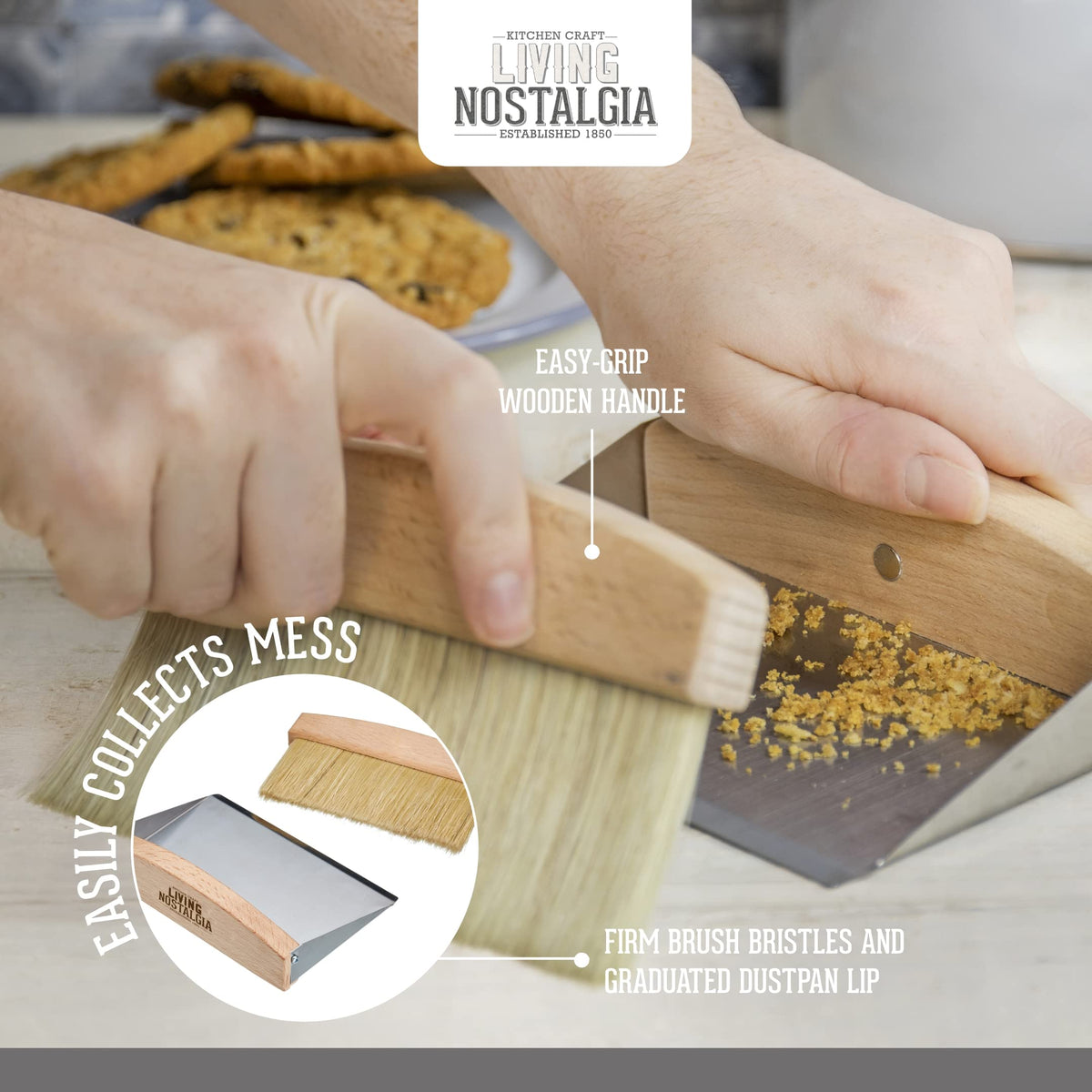 KitchenCraft Living Nostalgia Table-Top Dustpan and Brush Set - Compact Storage | Stainless Steel & Wood | 2 Pieces 4