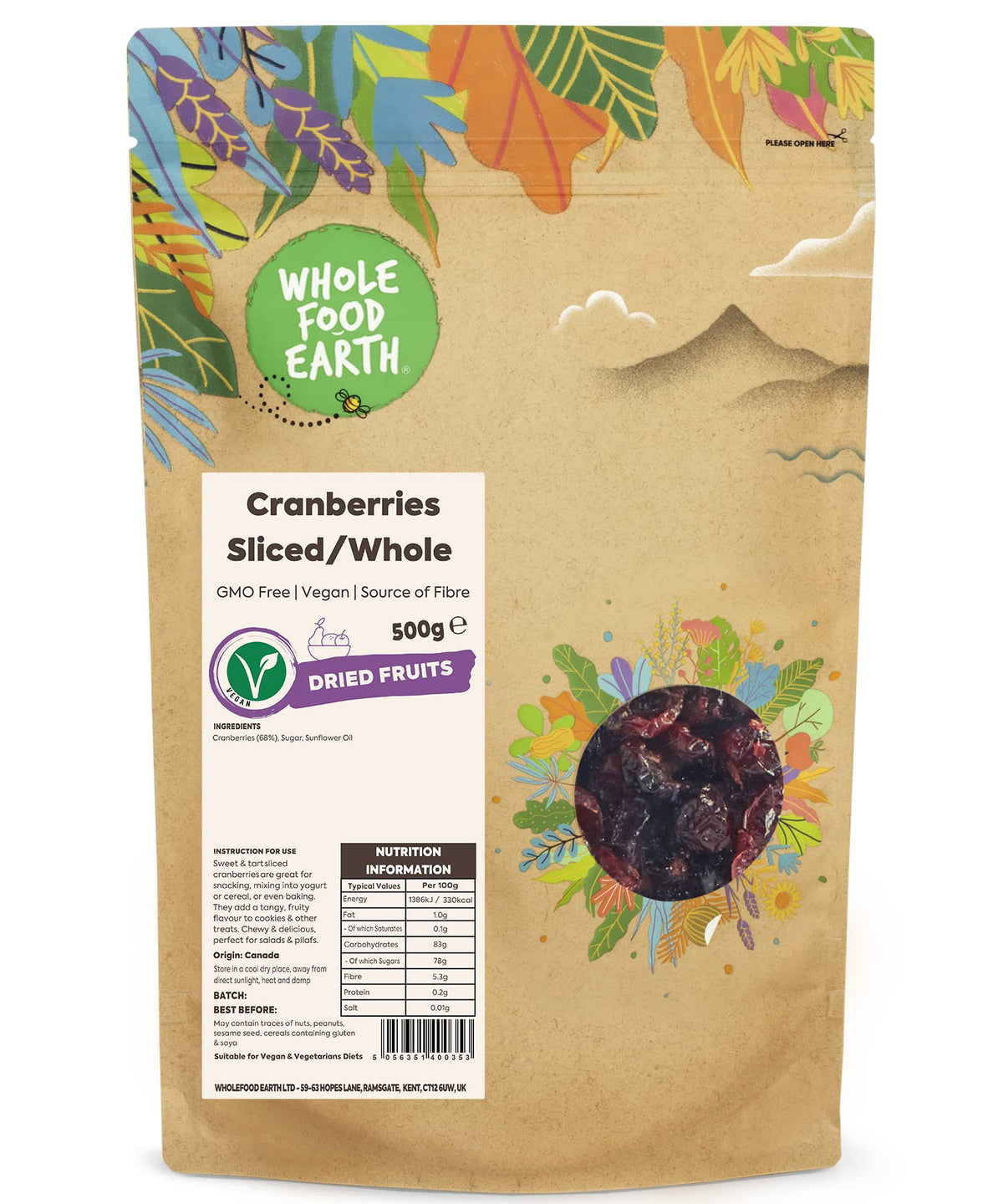 Wholefood Earth Dried Cranberries - 500g Bag | Source of Fibre | Non-GMO 1